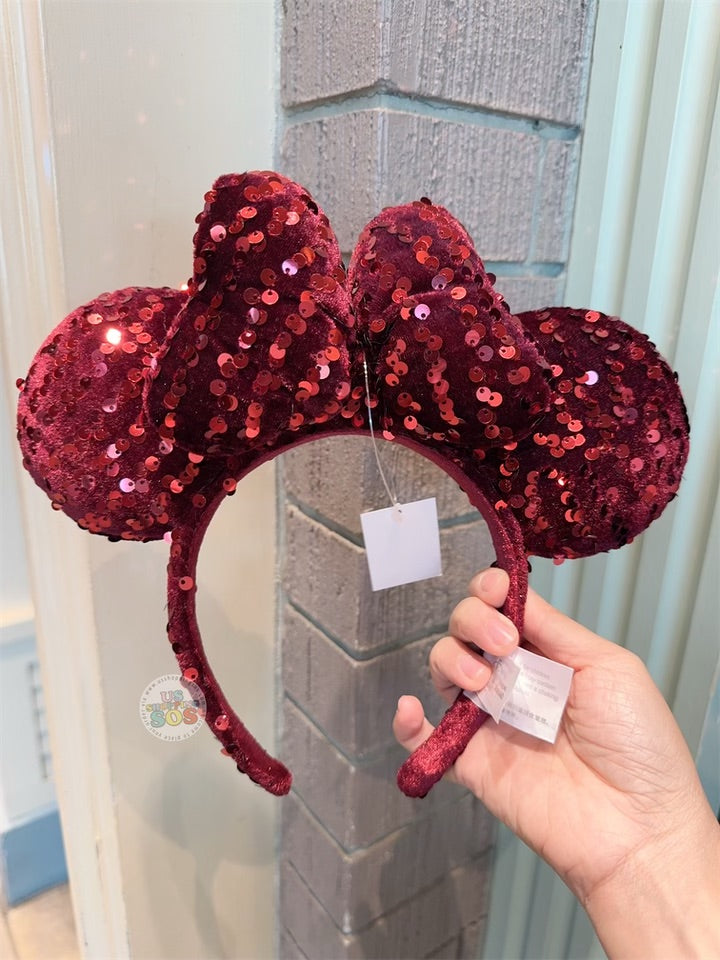 HKDL - Minnie Velvet & Sequin Red Color Ear Headband