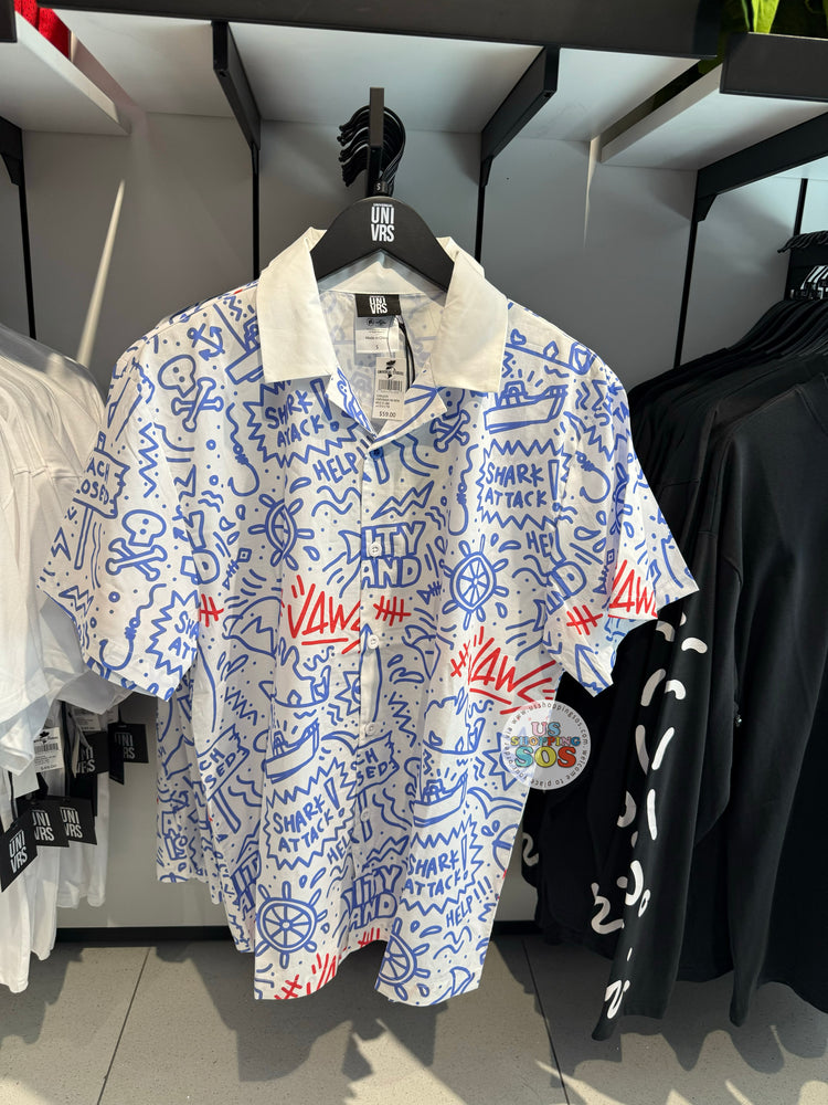 Universal Studios - Jaws - Doodle-style Button Up White Shirt