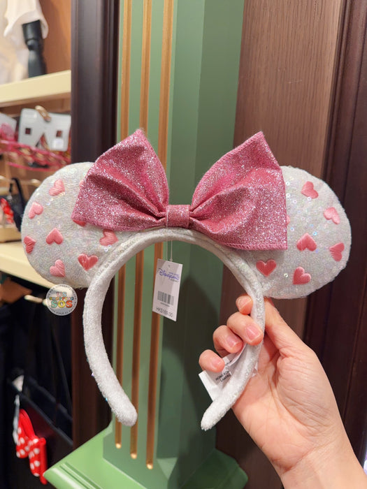 HKDL - Minnie Mouse Pink Heart & Bow White Color Sequin Ear Headband