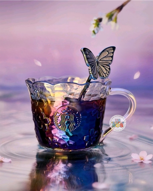 Starbucks China - Twilight Sakura 2026 - Cherry Blossom Iridescent Glass Cup with Butterfly Stirring Stick 360ml