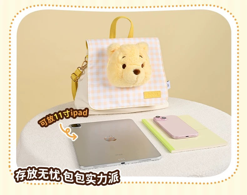 China Exclusive- Winnie the Pooh Plushy Big Face “Checkered Style’ 2 Ways Bag (Backpack & Shoulder Bag)