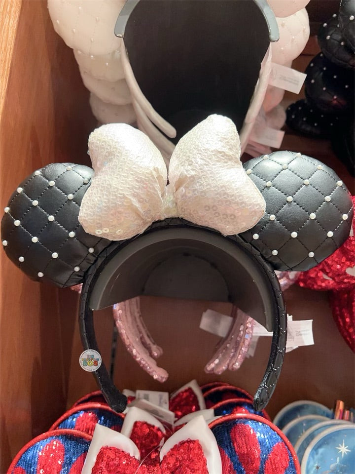 HKDL - Minnie Mouse Sequin Bow Synthetic Leather Pearl Ear Headband