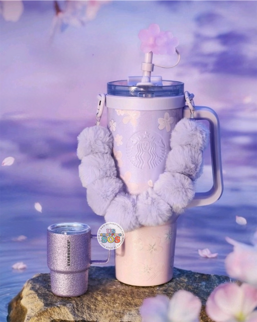 Starbucks China - Twilight Sakura 2026 - Cherry Blossom Dual-Opening Stainless Steel Tumbler with Cup-Shaped Charm 900ml
