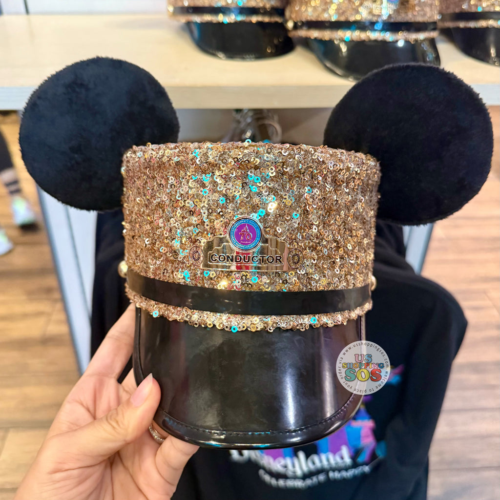 Sequin Conductor Hat with Black Ears Disneyland Disney 70th Anniversary Mickey Ears Gold Sequin S  main image 2