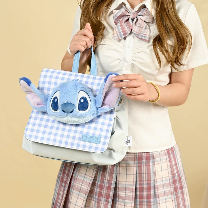 China Exclusive- Stitch Plushy Big Face “Checkered Style’ 2 Ways Bag (Backpack & Shoulder Bag)