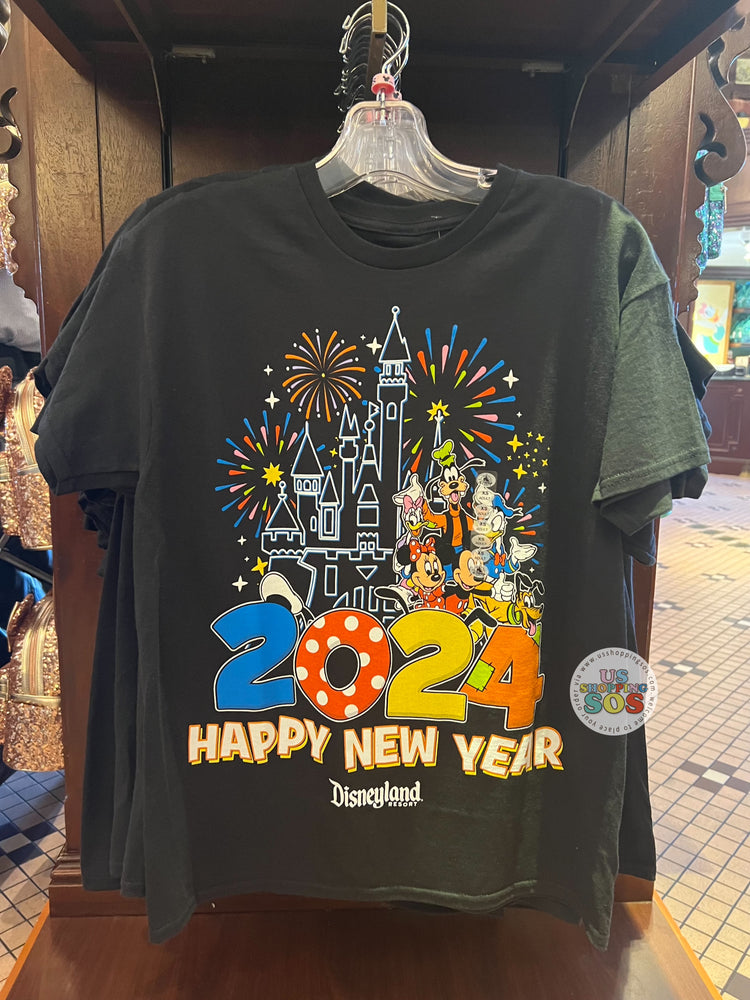 DLR - Classic Mickey & Friends - "2024 Happy New Year Disneyland Resort" Black Graphic T-shirt (Adult)