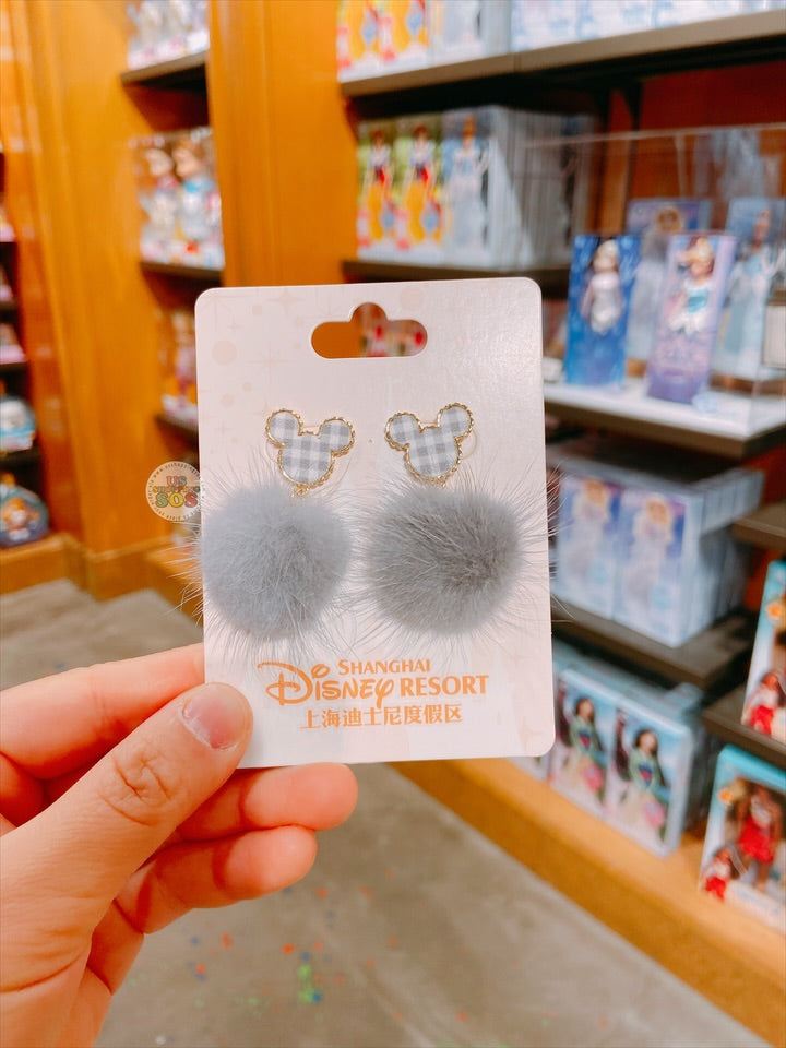 SHDL - Mickey Mouse Checkered Pom Pom Earrings (Color: Grey)