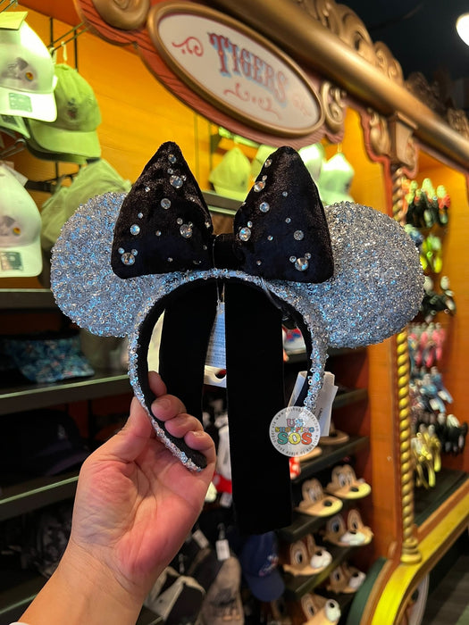 DLR/WDW - Minnie Cinderella Blue Sequin Ear Crystal Black Velvet Bow Headband