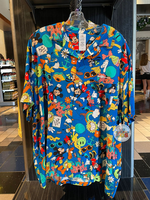 DLR/WDW - Mickey & Friends Retro Vacation Icon All-Over-Print Button-Up Shirt (Adult)