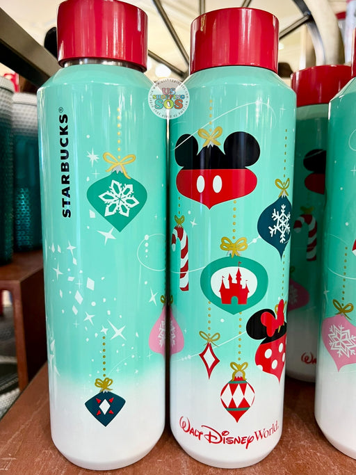WDW - Christmas 2023 - Starbucks “Walt Disney World” Ornaments Ombré White Green Stainless Steel Water Bottle