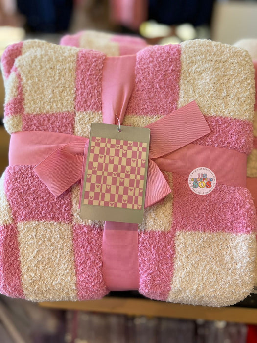 DLR/WDW - Mickey Icon Pink/Cream Checkerboard Fluffy Blanket Throw