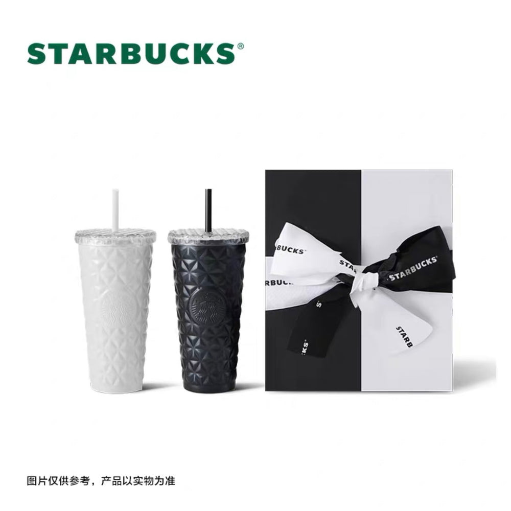 Starbucks China - Tanabata 2023 - 3. Black & White Triangular Pyramid Embossed Stainless Steel Cold Cup 591ml Box Set