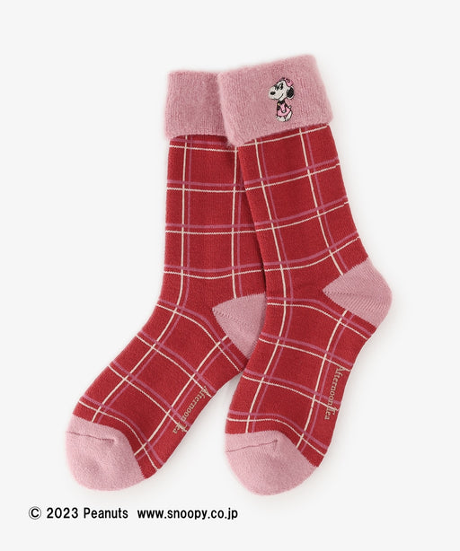 Japan Exclusive - Afternoon Tea x PEANUTS TARTAN x Snoopy Brushed Lining Embroidery Socks (Color: Red)