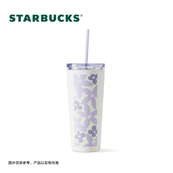 Starbucks China - Summer Flower Field 2023 - 8. Purple Floral Style Stainless Steel Straw Cold Cup 473ml