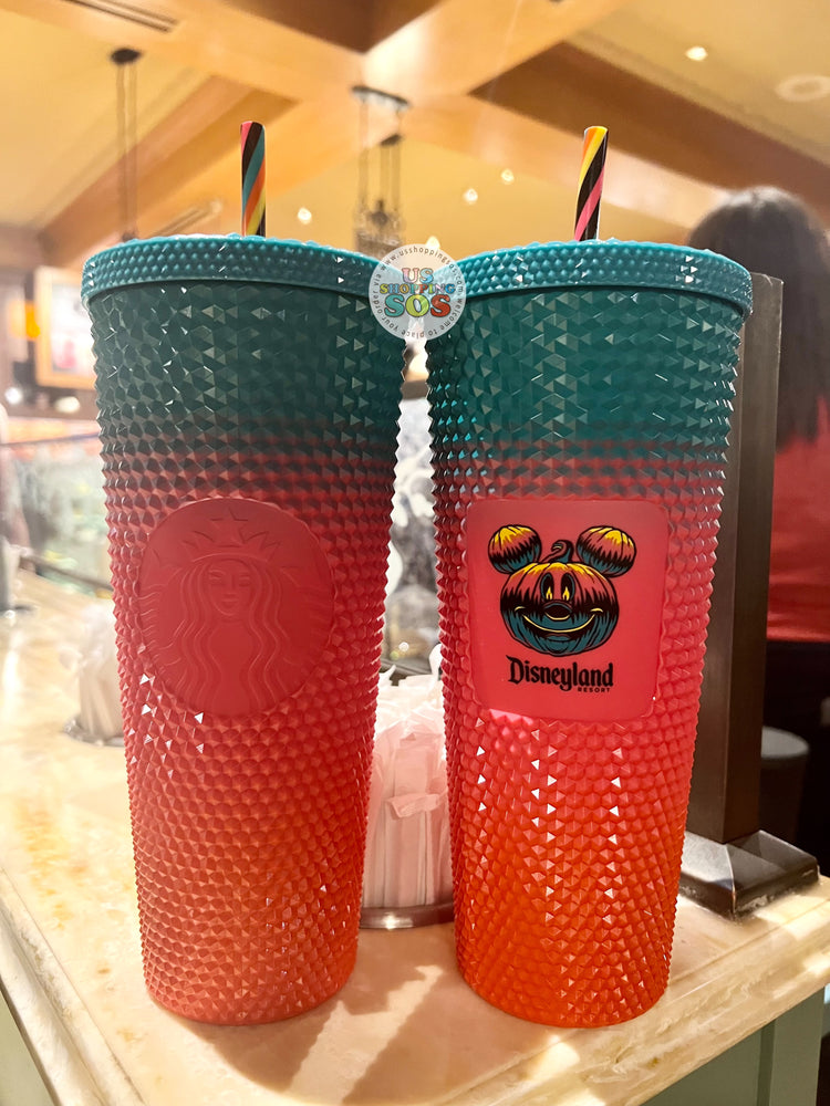 DLR - Happy Halloween 2023 - Starbucks “Disneyland Resort” Mickey Jack-‘O-Lantern Pink & Green Ombré Studded Cold Cup