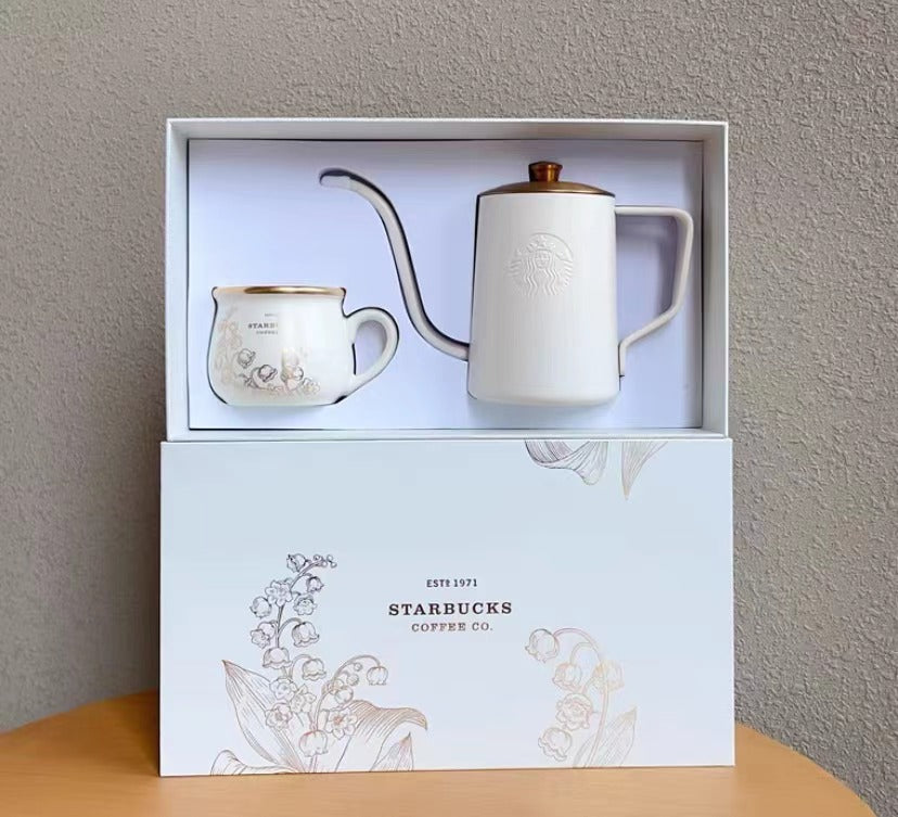 Starbucks China - Lily of the Valley 2023 - 13. Elegant White Kettle with Gold Foil Mug Set