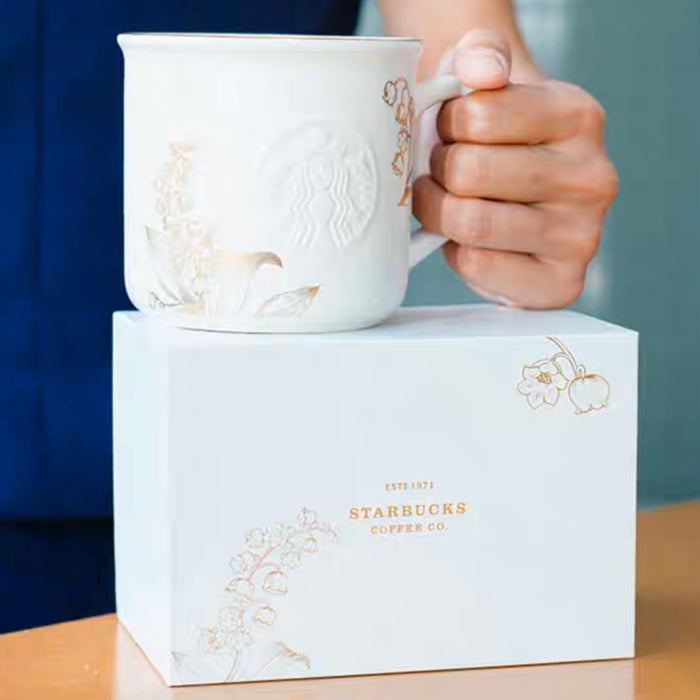 Starbucks China - Lily of the Valley 2023 - 3. Gold Foil Embossed Logo Ceramic Mug Box Set 355ml