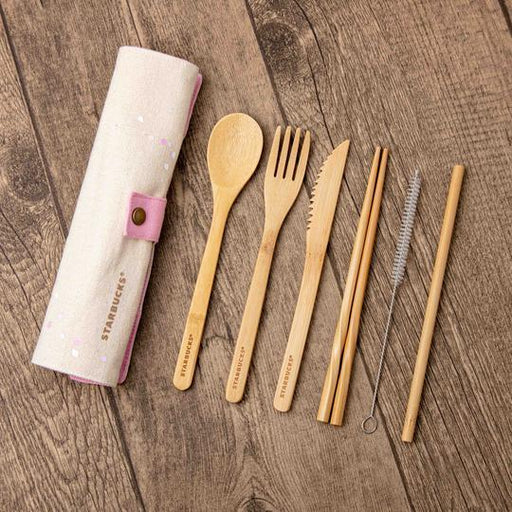 Starbucks Hong Kong - Sakura Blossom 2021 Collection - Bamboo Foodware with Pink Carrying Pouch