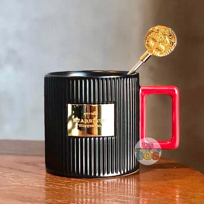 Starbucks China - Christmas Time 2020 Dark Bling Series - Stripe Embossed Mug Red Handle with Stir 310ml