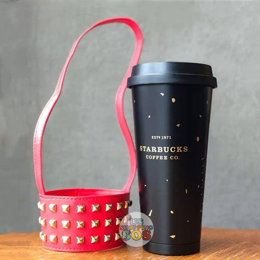 Starbucks China - Christmas Time 2020 Dark Bling Series - Stainless Steel To-Go Tumbler 500ml with Red Studded Leather Cup Holder