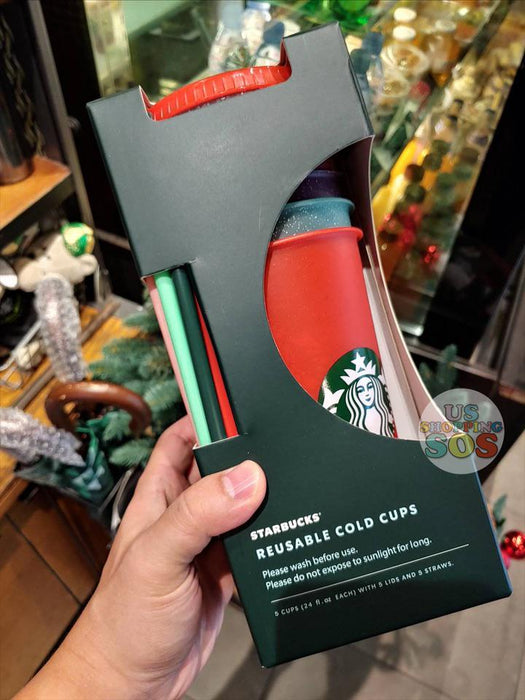 Starbucks Hong Kong - Christmas Series - 24oz Colorful Glitter Reusable Plastic Cold Cups Set (5-pack)