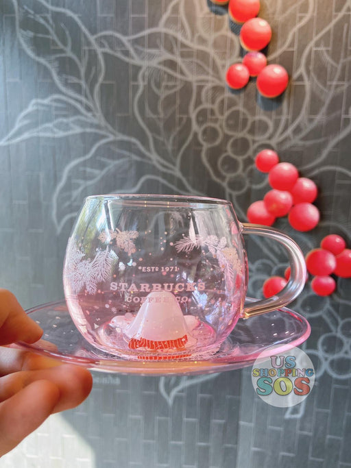 Starbucks China - Pink Christmas - 12oz Pink Reindeer Glass Cup & Saucer Set
