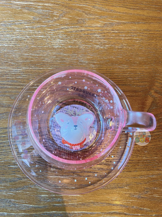 Starbucks China - Pink Christmas - 12oz Pink Reindeer Glass Cup & Saucer Set