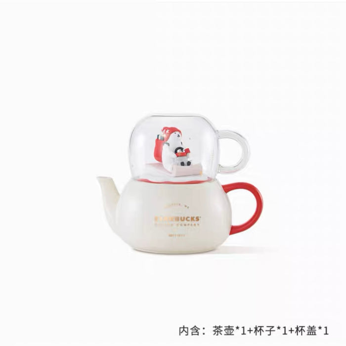 Starbucks China - Christmas 2022 - 8. Penguin Polar Bear Skiing Teapot & Glass Cup