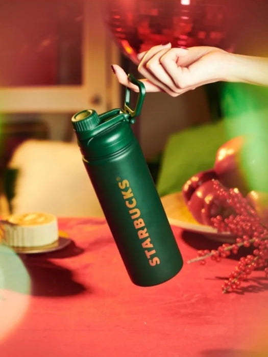 Starbucks China - Christmas 2021 - 87. Christmas Green Stainless Steel Water Bottle with Bottler Carrier 620ml