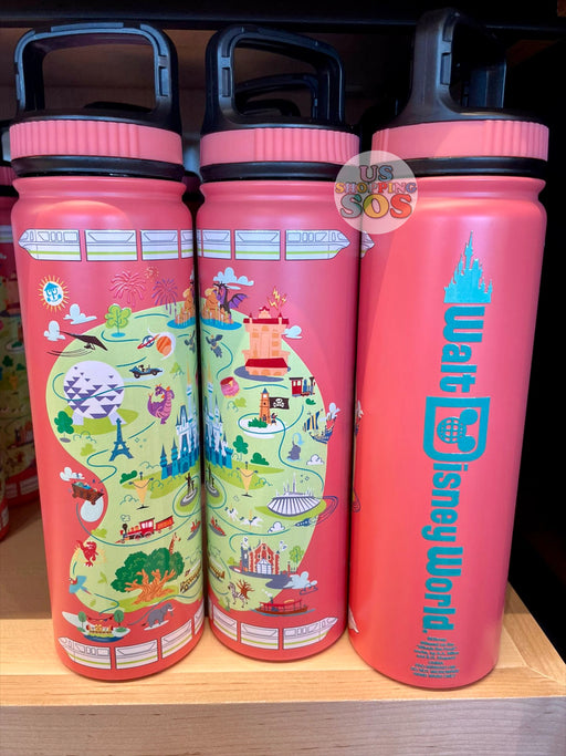 WDW - Stainless Water Bottle - Pink “Walt Disney World” Park Map
