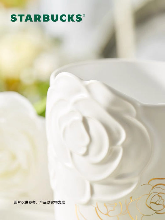 Starbucks cup 2022 three-dimensional camellia flower Mug gold handle white  relief office coffee cup