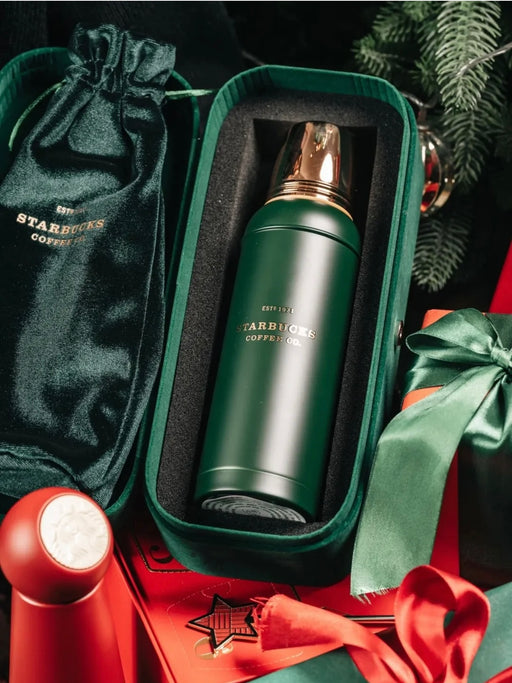 Starbucks China - Christmas 2021 - 80. Thermos Christmas Green Stainless Steel Gold Cover Water Bottle 400ml + Drawstring Pouch + Case