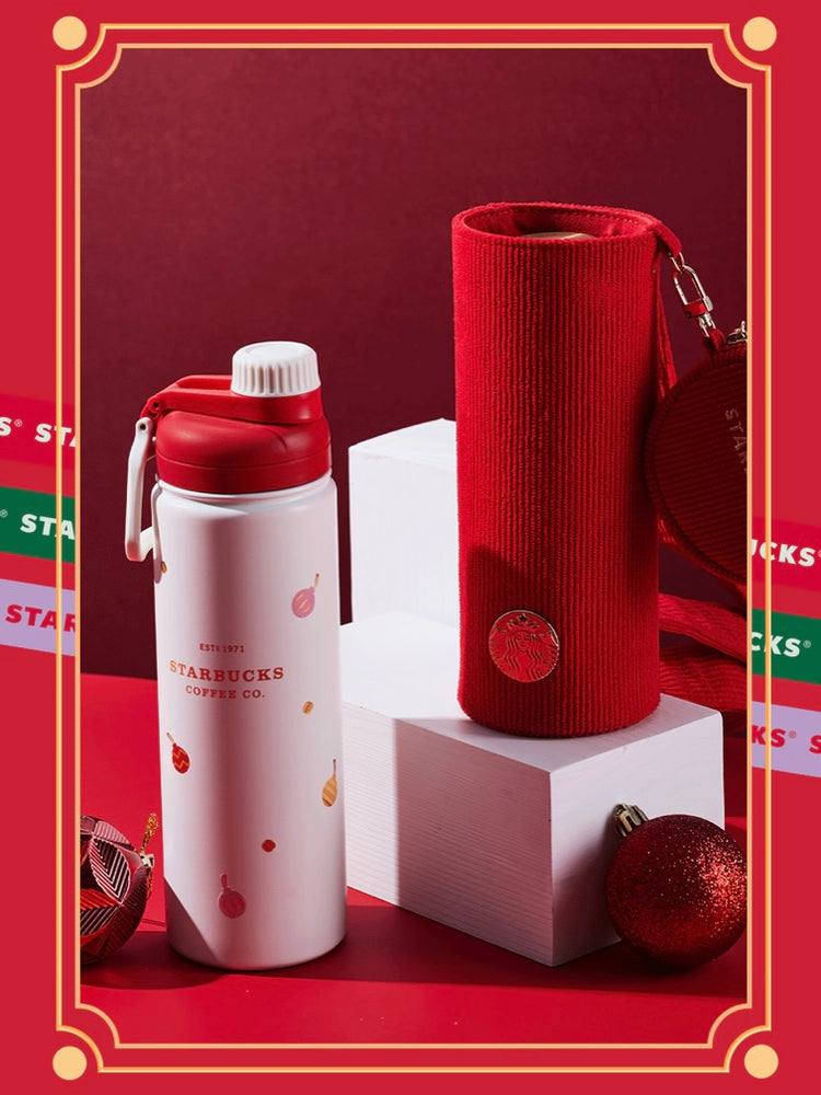 Starbucks China - Christmas 2021 - 43. Gingerbread Man Stainless Steel White Bottle 620ml + Red Bottle Carrier