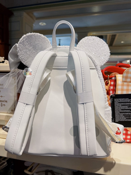 On Hand!!! HKDL - Loungefly Minnie Mouse White Sequin Mini Backpack with Interchangeable Bow