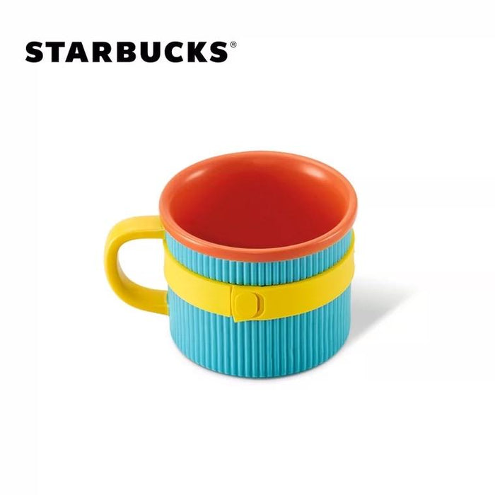 Starbucks China - Happy Camping - 3. Logo Wristband Stripe Embossed Mug Orange/Blue/Yellow 385ml