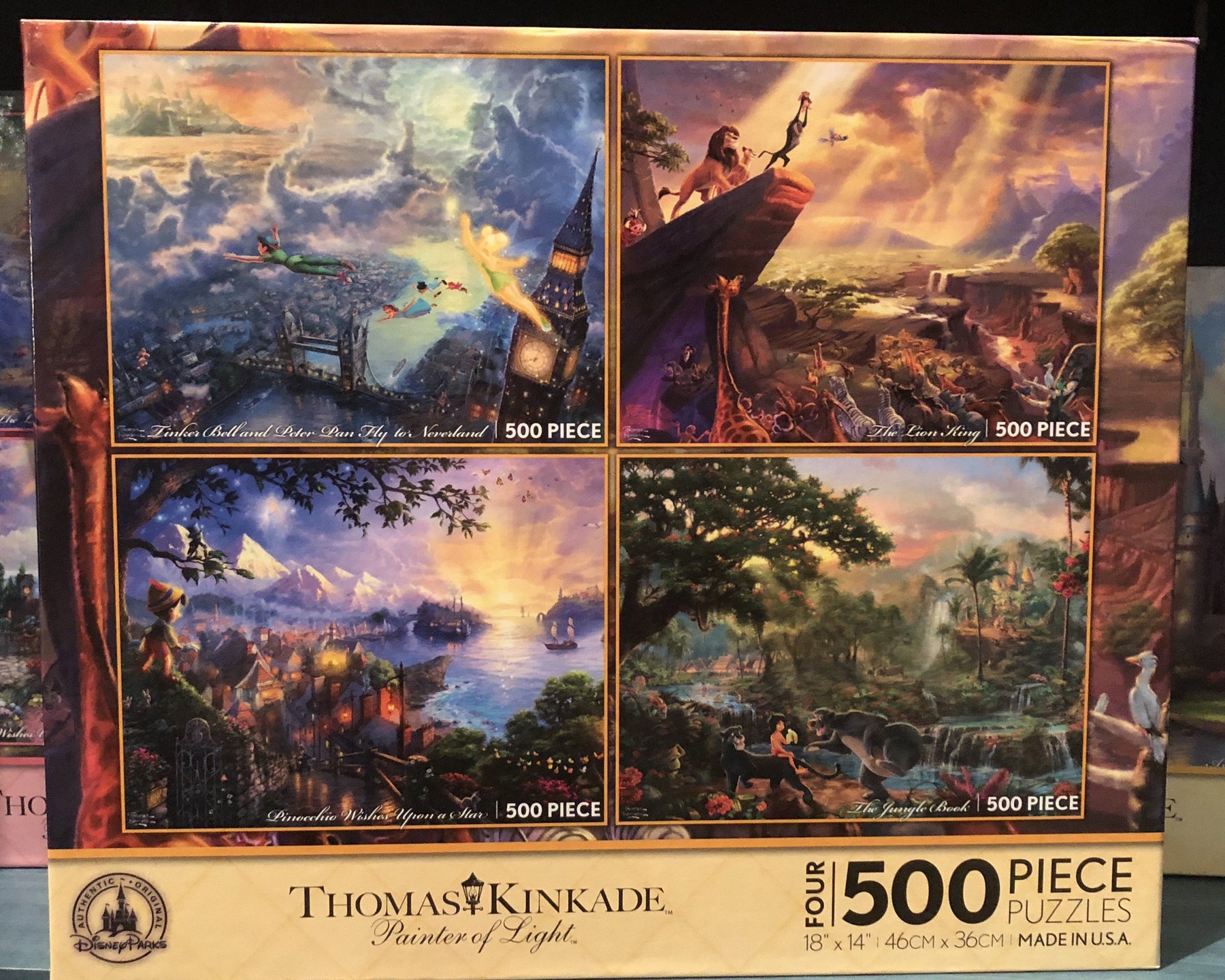 DLR - 4 x 500 Piece Disney Parks Puzzle by Thomas Kinkade - Peter Pan/The Lion King/Pinocchio/The Jungle Book