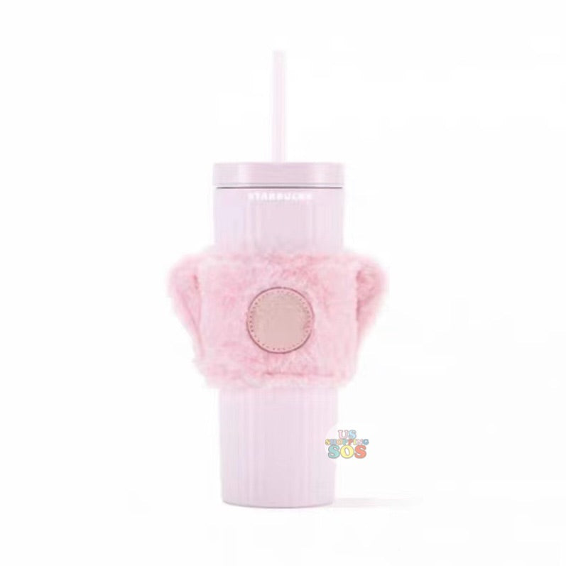 Starbucks China - Sakura Rabbit 2023 - 5. Pink Stripe Stainless Steel Tumbler with Straw 473ml + Fluffy Cup Sleeve