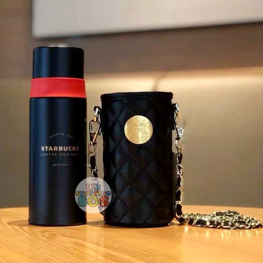 Starbucks China - Christmas Time 2020 Dark Bling Series - Thermos Stainless Steel Bottle 370ml with Quilted Leather Chainlink Strap Bottle Bag