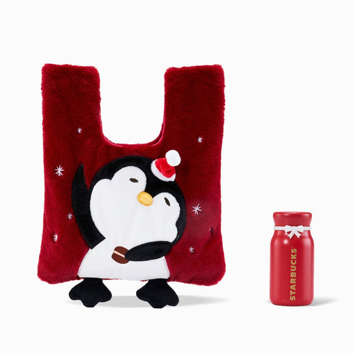 Starbucks China - Christmas 2021 - 21. Red Stainless Steel Bottle 380ml + Penguin Fluffy Tote