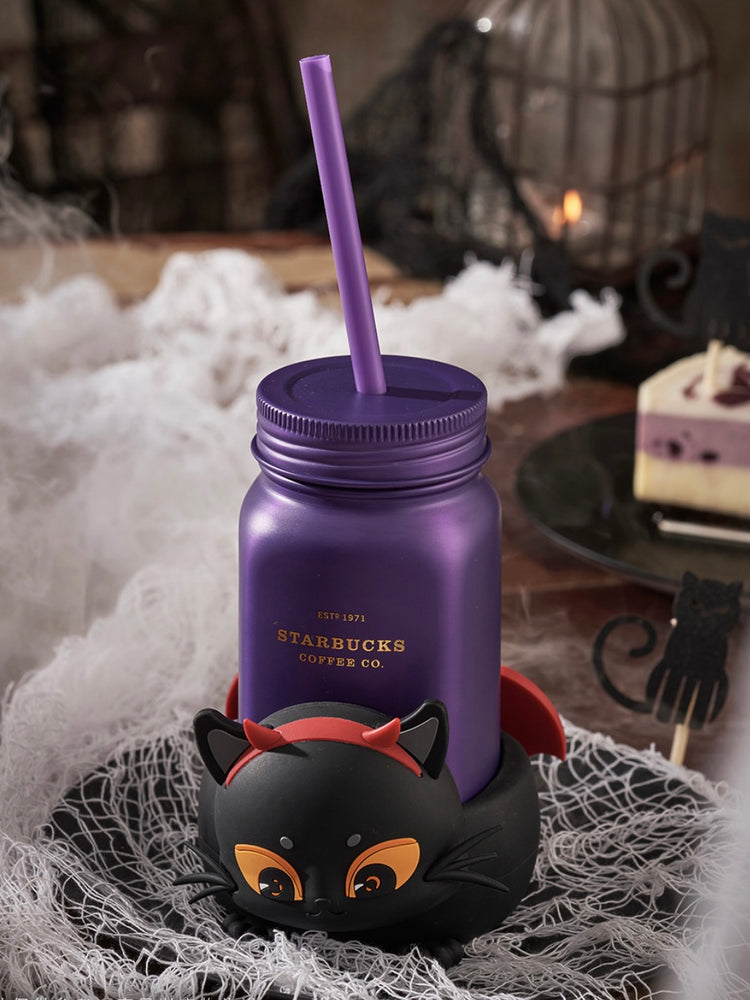 Starbucks China - Halloween 2021 - 22. Devil Cat Coaster + Purple Straw Stainless Steel Mason Jar 473ml
