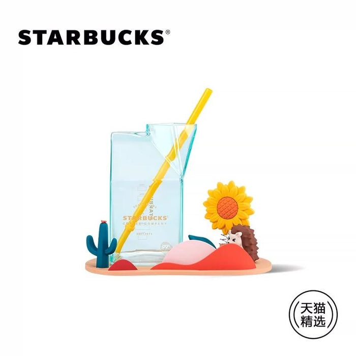 Starbucks China - Happy Hedgehog - 3. Hedgehog Sunflower Coaster + Straw Milk Box Glass 480ml