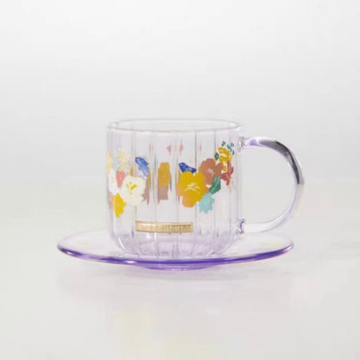 Starbucks China - Blooming Purple 2023 - 5. Birds Floral Glass Cup & Saucer Set 350ml