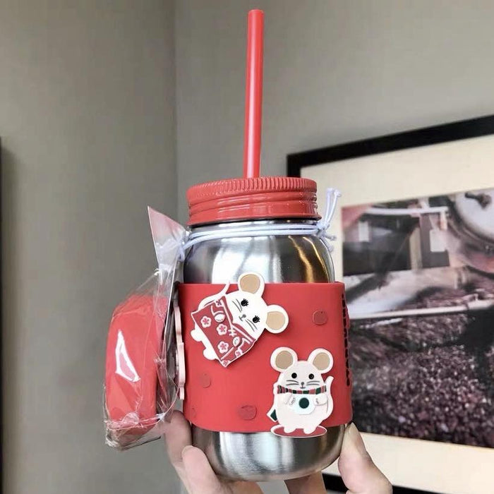 Starbucks China - New Year 2020 Classic Red - 16oz Little Mice Stainless Steel Mason Jar with Straw