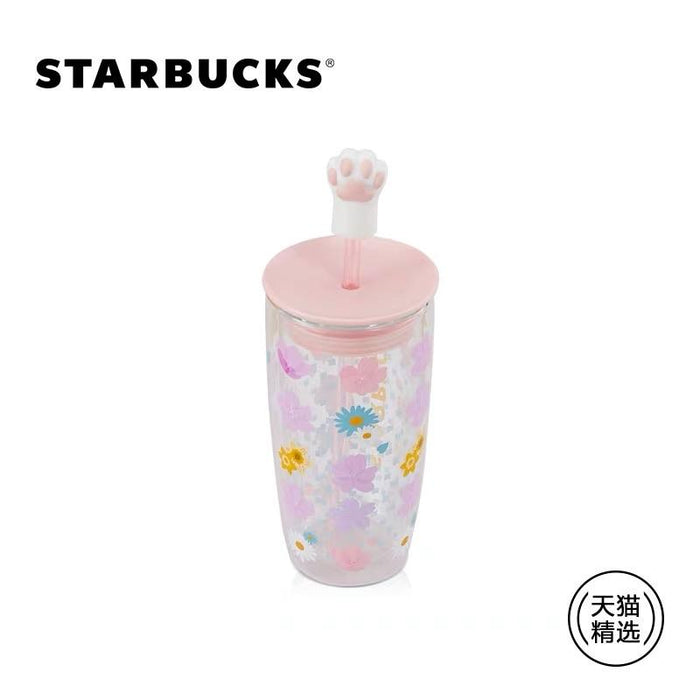 Starbucks China - Sakura 2021 - Kitty Paw Straw Topper Cherry Blossom Double Wall Glass Cold Cup 355ml