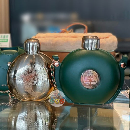 Starbucks China - 50th Anniversary - 10. Siren Goddess Stainless Steel Bagel Bottle 420ml & Green Pleather Bottle Crossbody Case