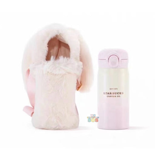 Starbucks China - Sakura Rabbit 2023 - 10. Thermos Sakura Peach Ombré Stainless Steel Bottle 350ml + Fluffy Rabbit Bottle Carrier