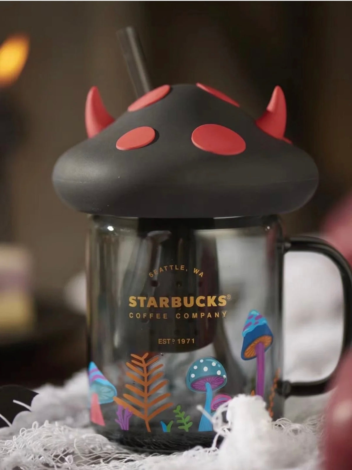 NEW Starbucks Black Halloween Mushroom Tumbler Mason Straw Cup W