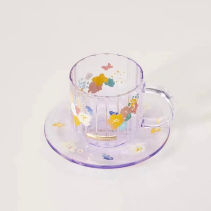 Starbucks China - Blooming Purple 2023 - 5. Birds Floral Glass Cup & Saucer Set 350ml