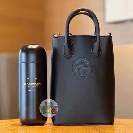 Starbucks China - Christmas Time 2020 Dark Bling Series - Capsule-Shape Stainless Steel Bottle 360ml with Leather Crossbody Bag