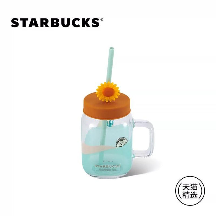 Starbucks China - Happy Hedgehog - 6. Hillside Hedgehog Mason Jar 473ml + Sunflower Topper Straw
